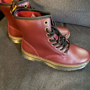 Burgundy Lace-Up Boots with Yellow Stitching